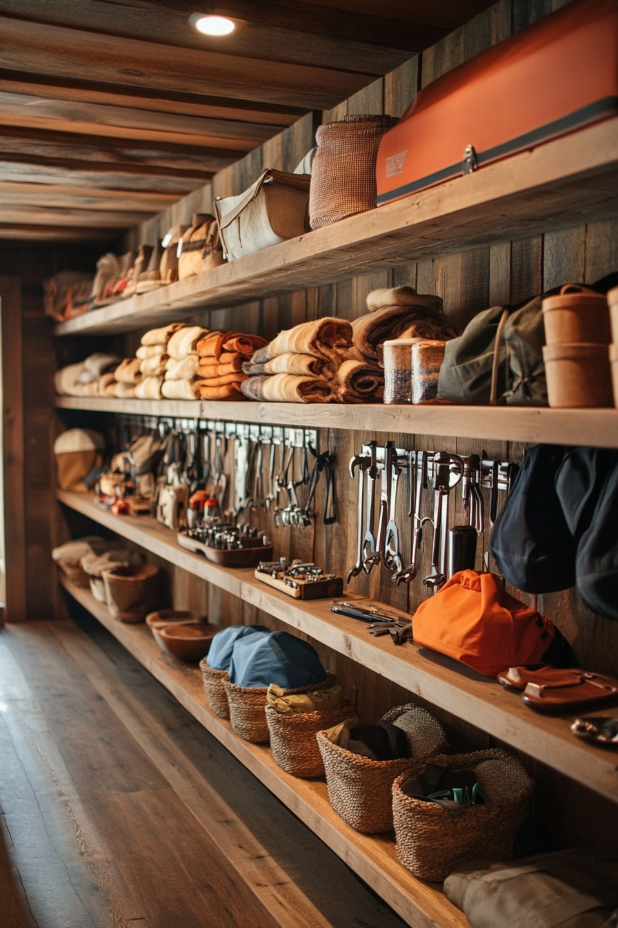 Alpine lodge space. Teak wood gear storage shelving with accompanying repair tools.