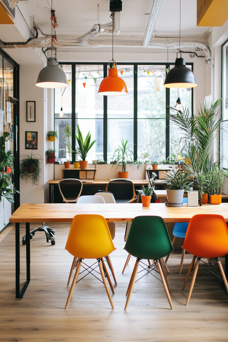 Community living space. Coworking zones with shared oak desks and colourful ergonomic chairs.