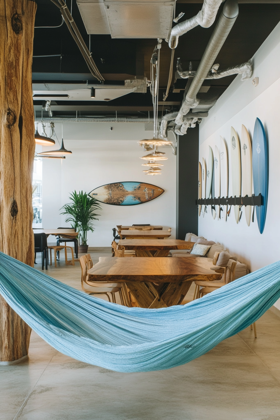 Community Living Space. Blue hammock, light wooden surf racks, modern coworking tables.