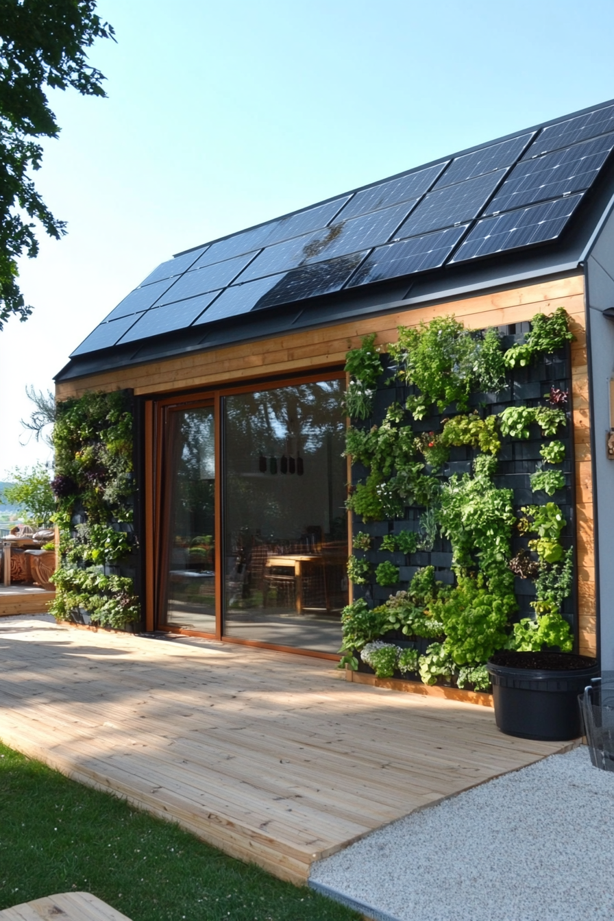 Living Space. Solar panels on green rooftop, indoor vertical herb garden, compost bin.