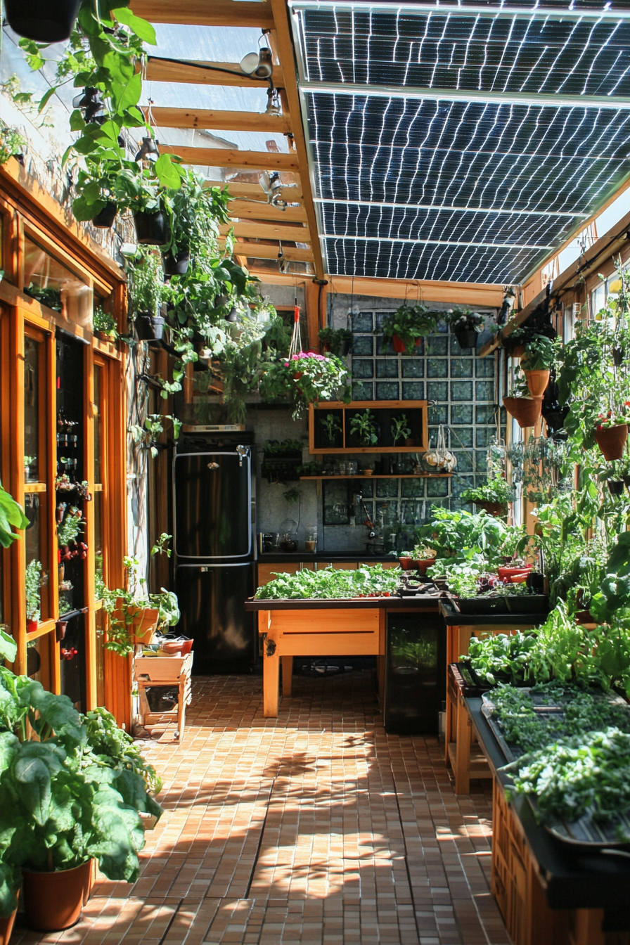 Sustainable living space. Solar panels on rooftop, indoor compost bin, vertical herb garden.