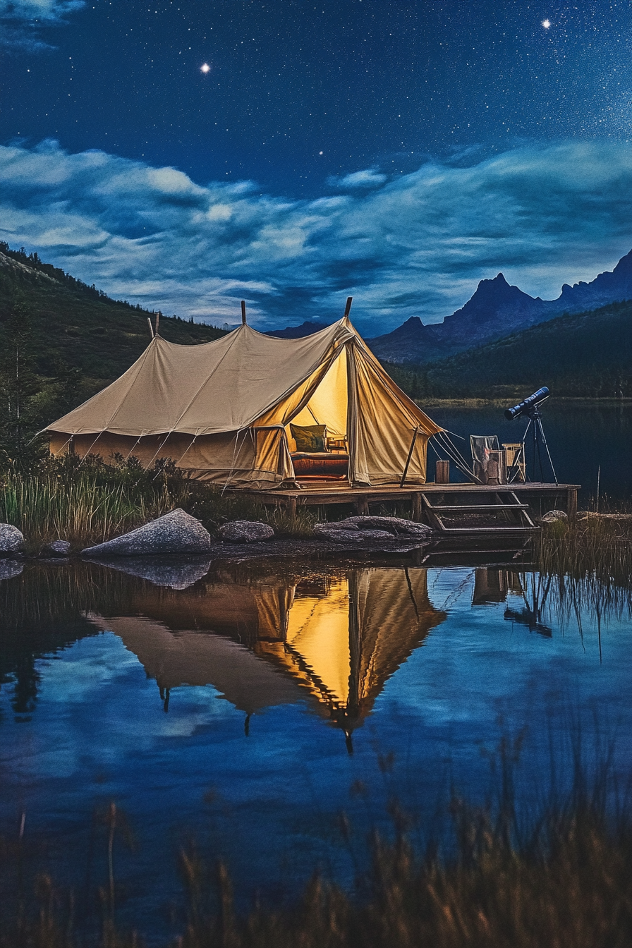 Alpine Lake Campsite. Canvas tent under starry night, adjacent telescope platform and lake mirror reflection.