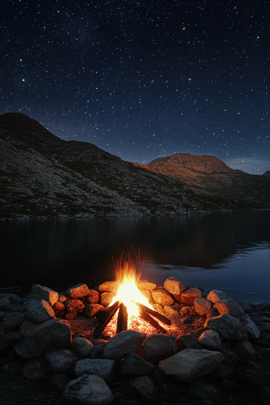 Alpine Lake Campsite. Stone fire-pit adjacent to aquamarine lake under starlit sky.