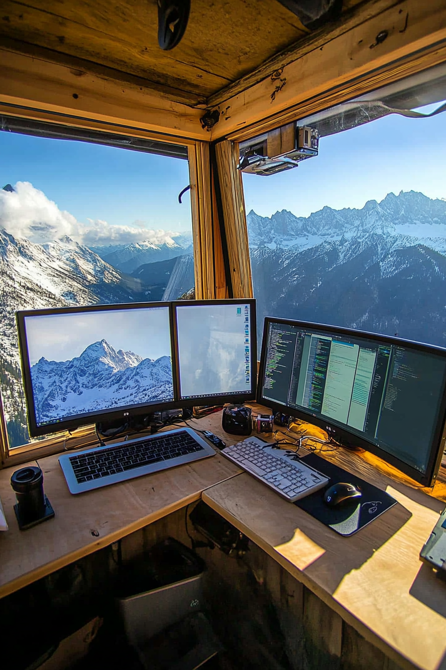 Alpine mobile office. Dual monitors, solar-power supported, mountaintop-skyline panoramic workplace.