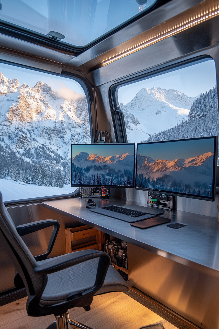 Mobile office. Dual monitors embedded into reinforced stainless steel, Alpine with snowy summit view.