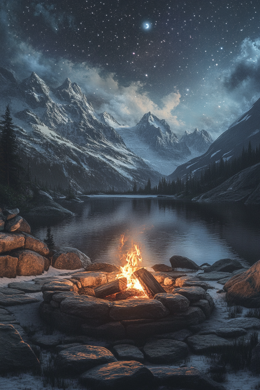 Alpine lake campsite. Mild roaring fire inside a stone ring, under star-speckled sky.
