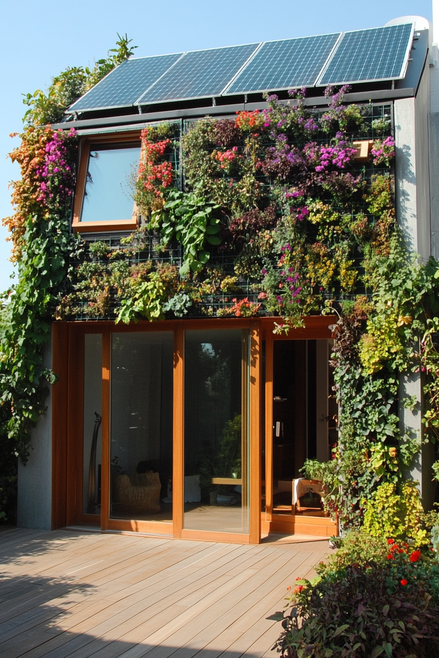 Sustainable living space. Rooftop solar panels, exterior wall composed of vertical garden, indoor composting bins.