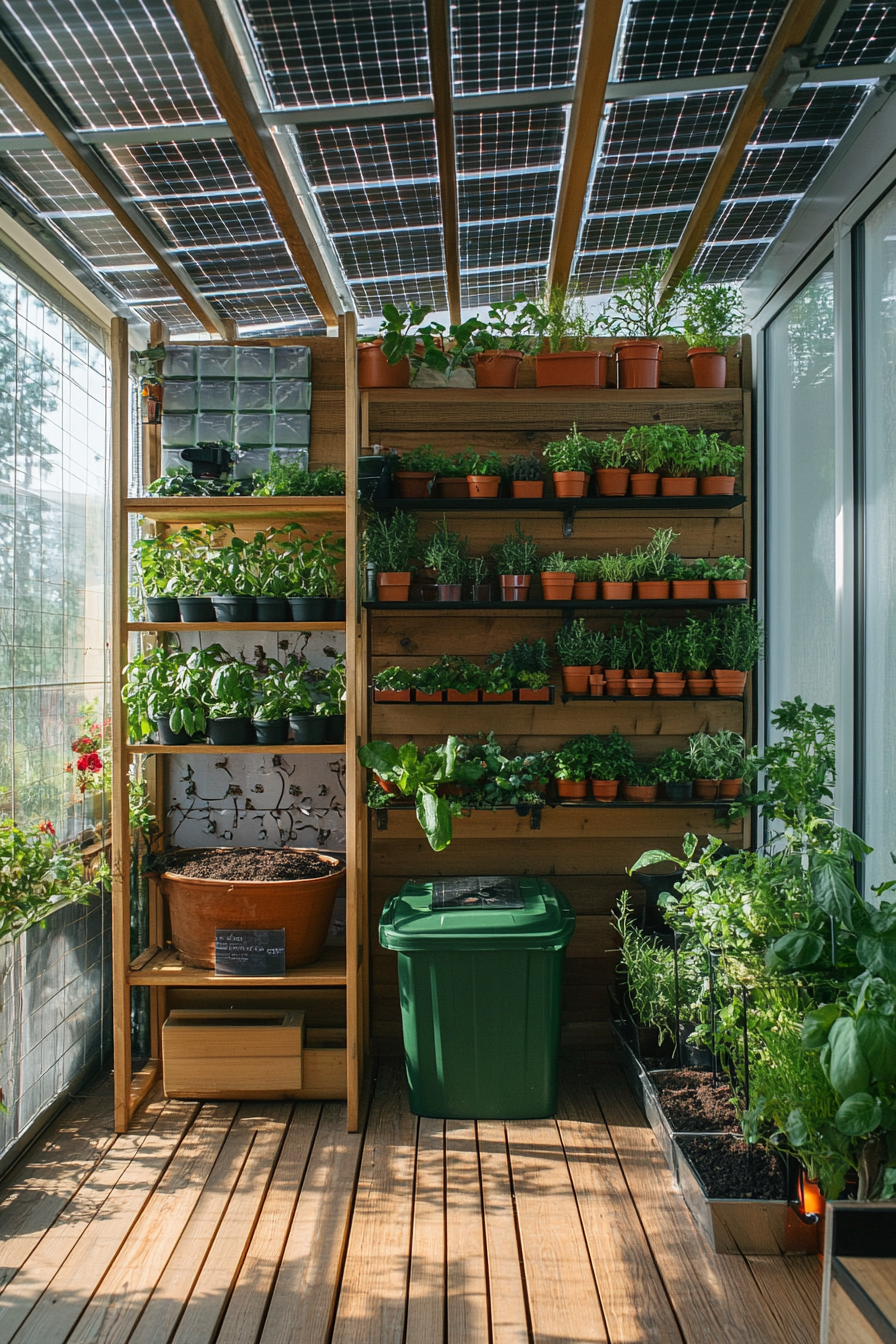 Sustainable living space. Rooftop solar panels, wall garden with herb pots, compact compost bin.