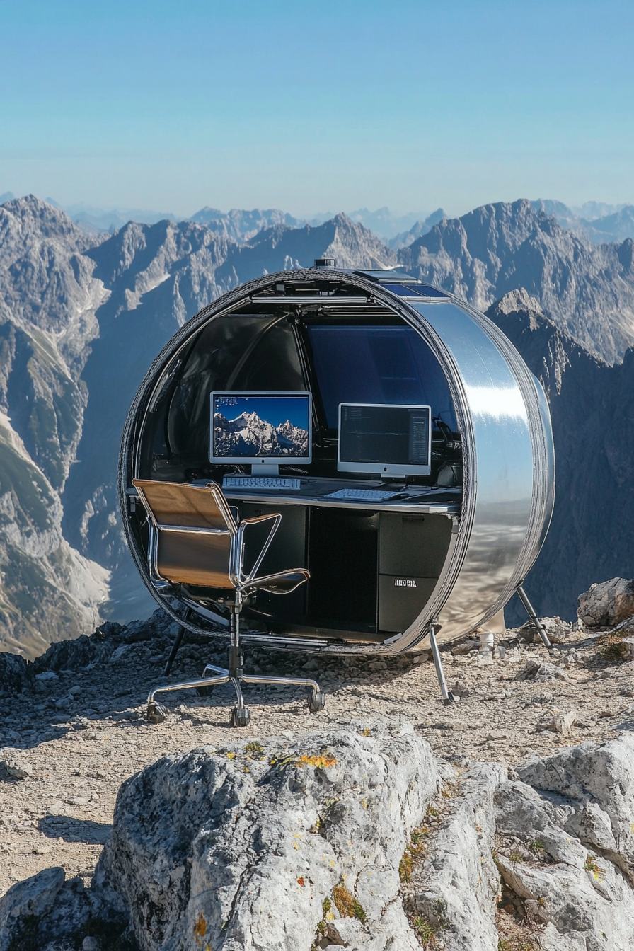 Mobile office. Aluminium frame, dual monitors, solar-powered, panoramic summit view.