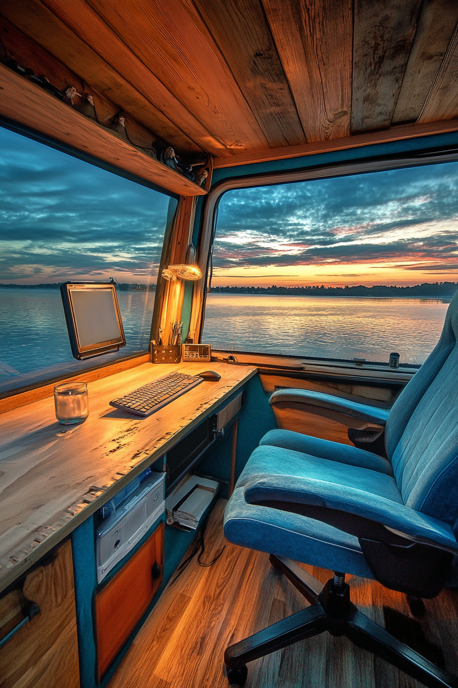 Van setup: panoramic desk in blued-decked cabin observing sunset through salt-protected windows.