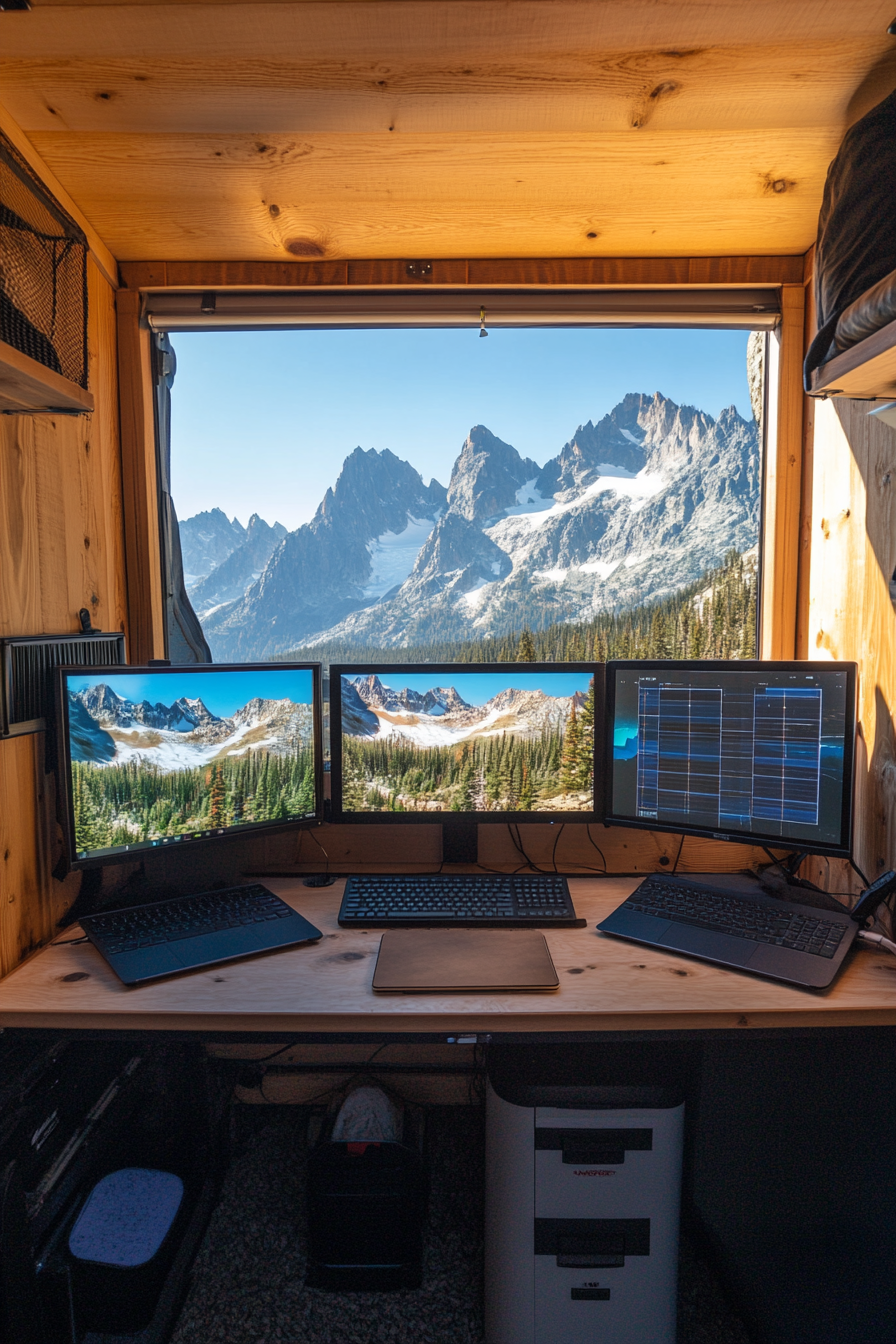 Alpine mobile office. Dual monitors, solar panels, espresso machine, window overlooking mountain peak.