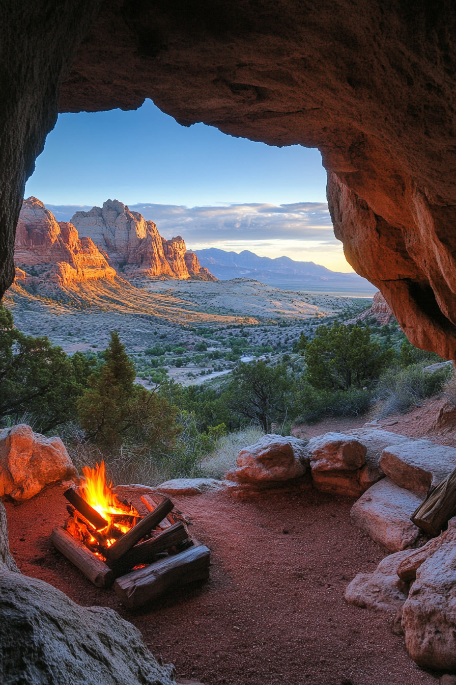 Red Rock Campsite. Fire zone on elevated ledge with cave shelter, overlooking valley.