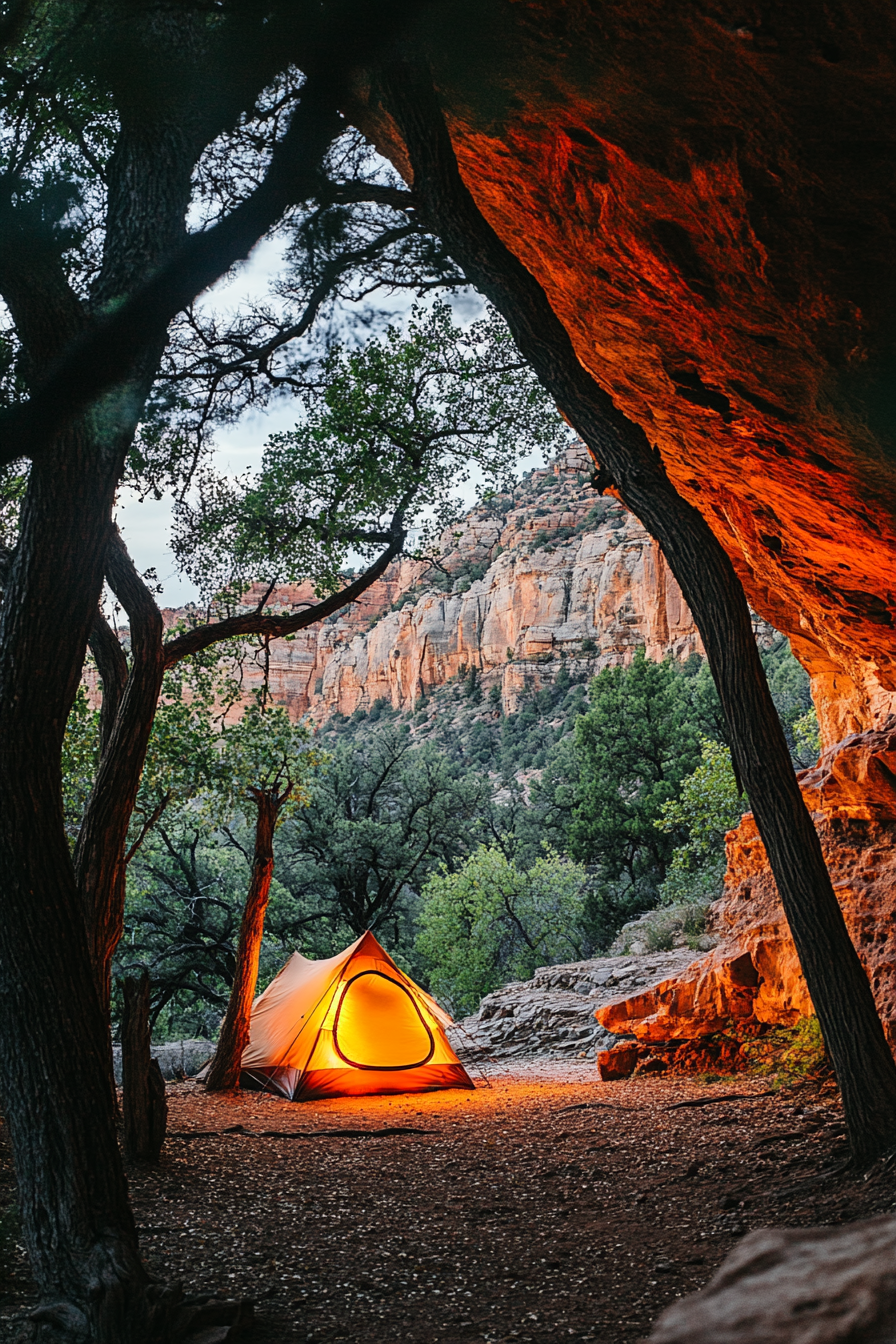 Red rock campsite. Canvas tent knot-friendly oak trees, leave-lit stone floor cave, dancing firelight on canvas.