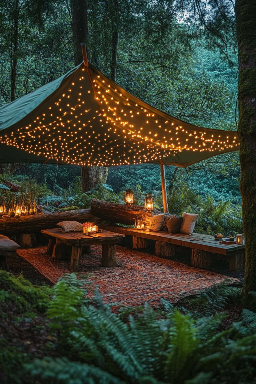 Woodland camping space. Fairy-light canopy over mahogany tent, mossy log seating amidst fern gardens.