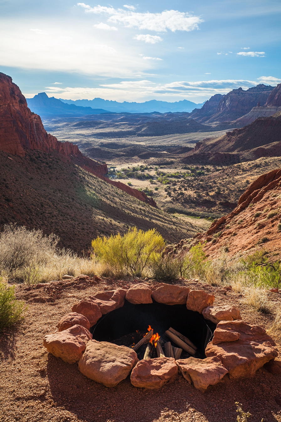 Campsite. Red rock terrain, elevated fire pit, cave shelter, broad valley view.