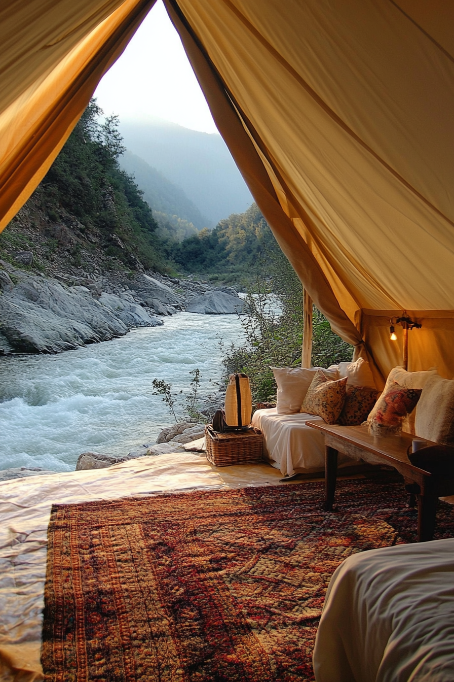 Riverside Space. Free-standing lavvu-style tent overlooking rushing river.