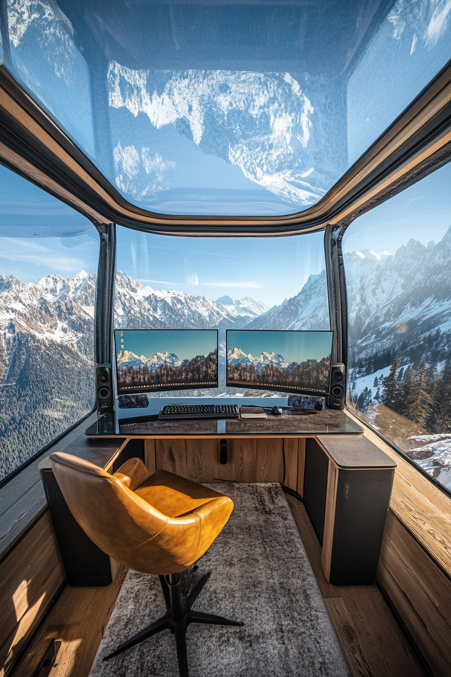Alpine mobile office. Glass-encased, dual-monitor setup overlooking snow-capped peak.