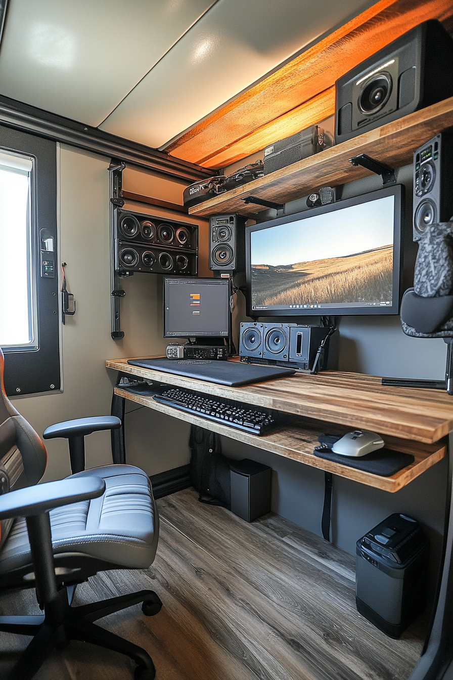 Creative Mobile Space. Tiered desk with ergonomic editing equipment and wall-mounted gear storage.