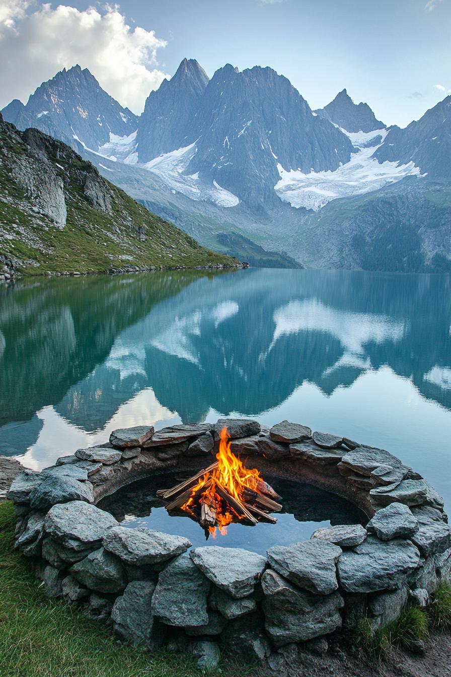 Alpine lake campsite. Stone-ringed fire pit under chiseled peaks reflected in aquamarine waters.
