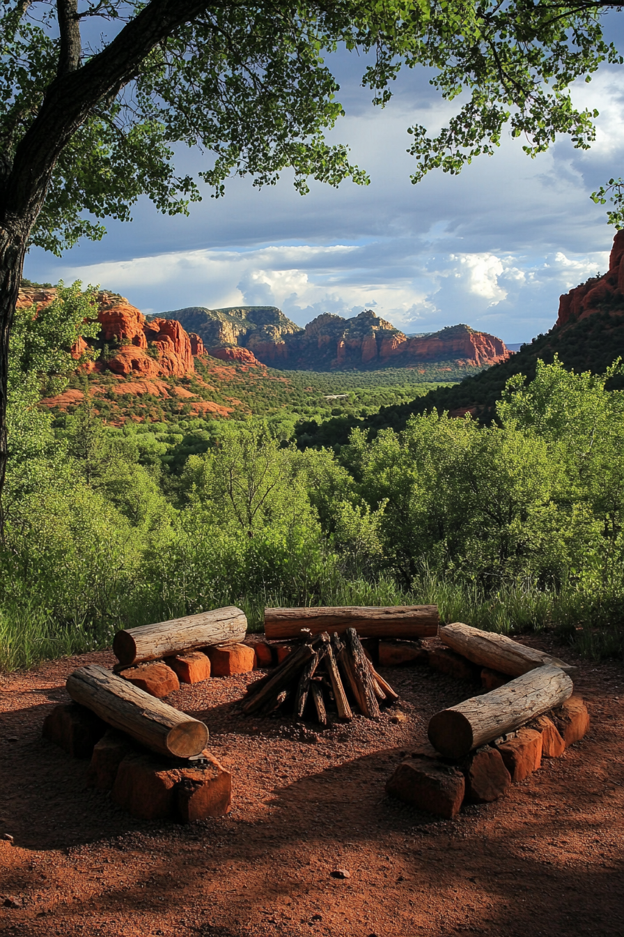 Red Rock Campsite. Elevated fire zone with smooth beige log designs, staggering huge red caves, verdant valley view.