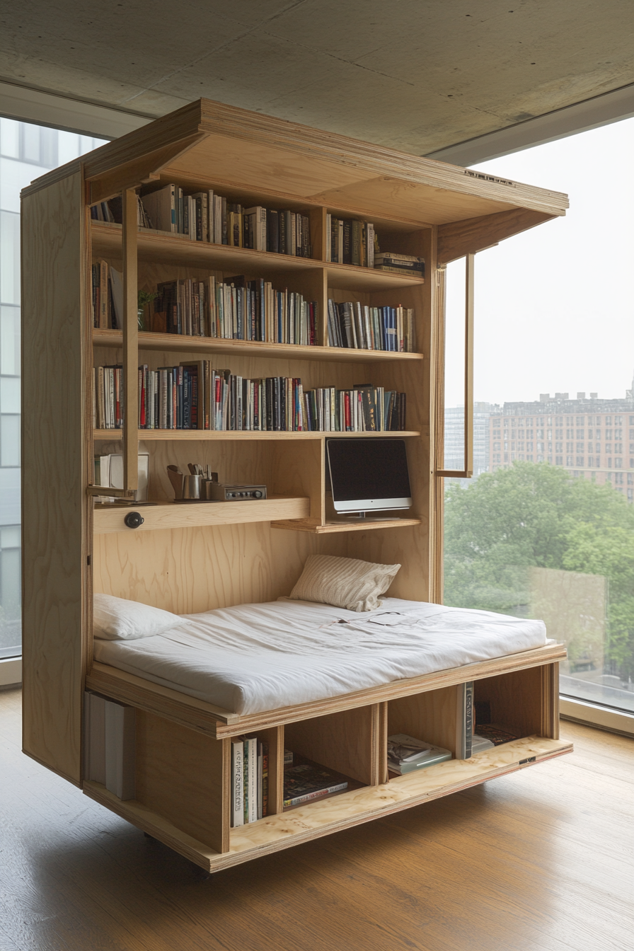 Mobile living space. Modular bookshelf, folding bed, sunset terrace, convertible desk.