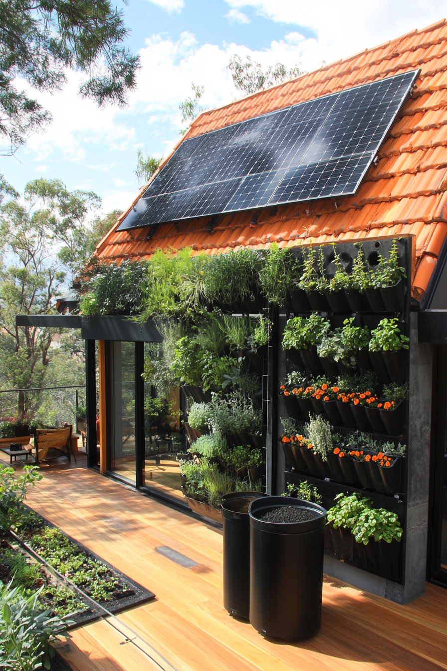 Sustainable living space. Solar panels on terracotta-tiled roof, black compost bin, vertical herb garden.