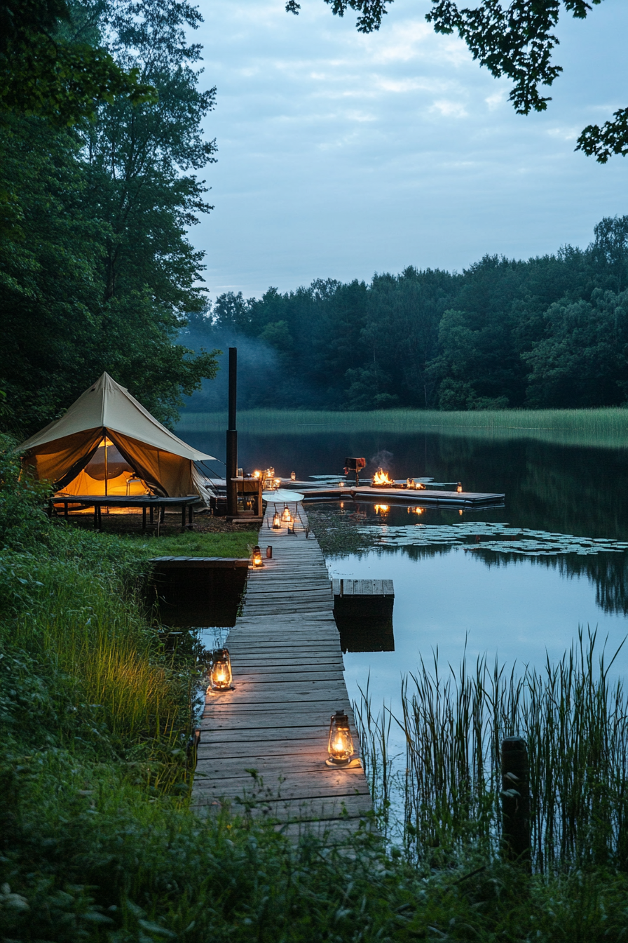 Tent site. Lakeside with enveloping water panorama, private jetty, and evening bonfire arrangement.