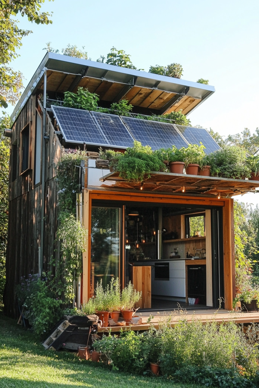 Sustainable living space. Solar-powered, compact house with roof-top herb garden and composting bins.