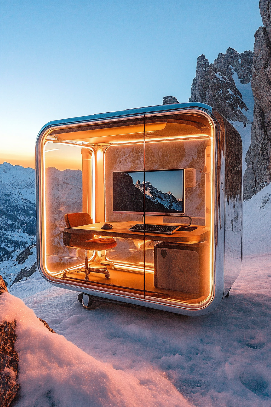 Alpine Mobile Office. All-glass hillside-facing workspace with solar powered monitors.