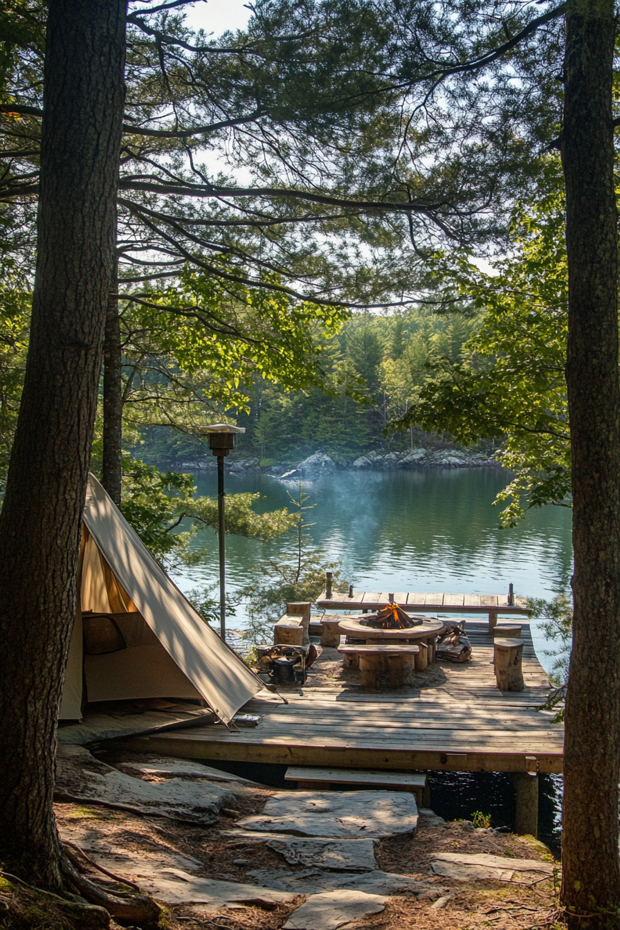 Tent site. Waterfront designed dock, mature trees canopy, western oriented fire pit.