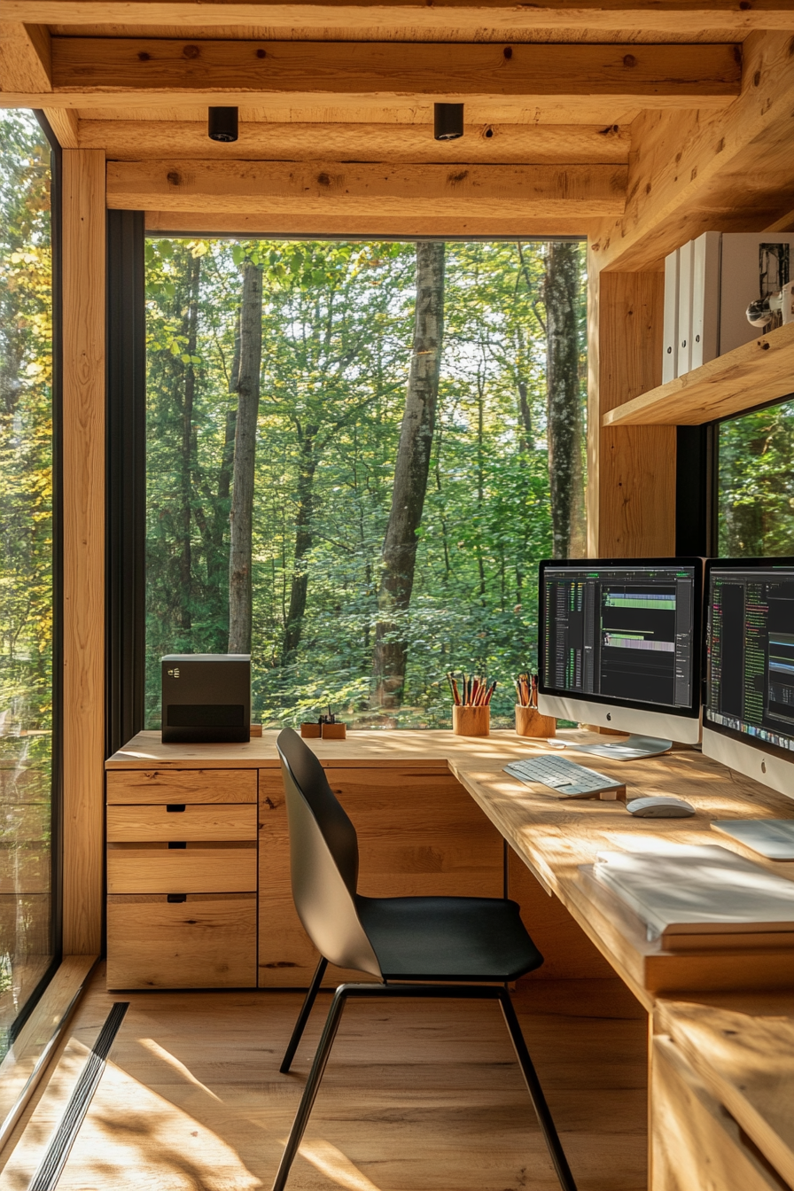 Mobile Space. Wooden desk, editing software, storage cabinets, forest view.