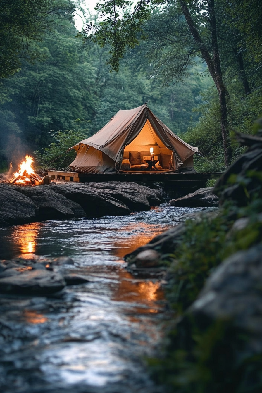 Riverside space. Tent platform overlooking rushing water, crackling bonfire nearby.