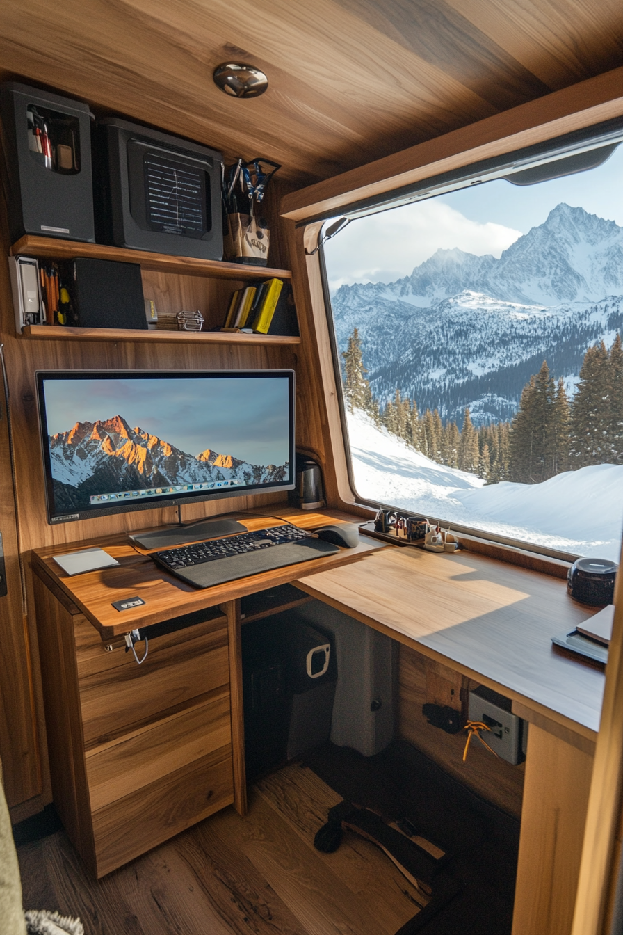 Alpine Mobile Office. Walnut interior, dual monitors, solar-powered, window facing mountain peak.