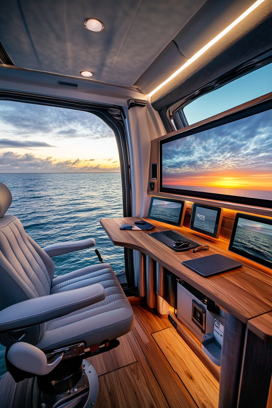 Oceanview Van Setup. A teak panoramic desk facing ocean, salt-resistant tech compartments, and screens displaying sunset.