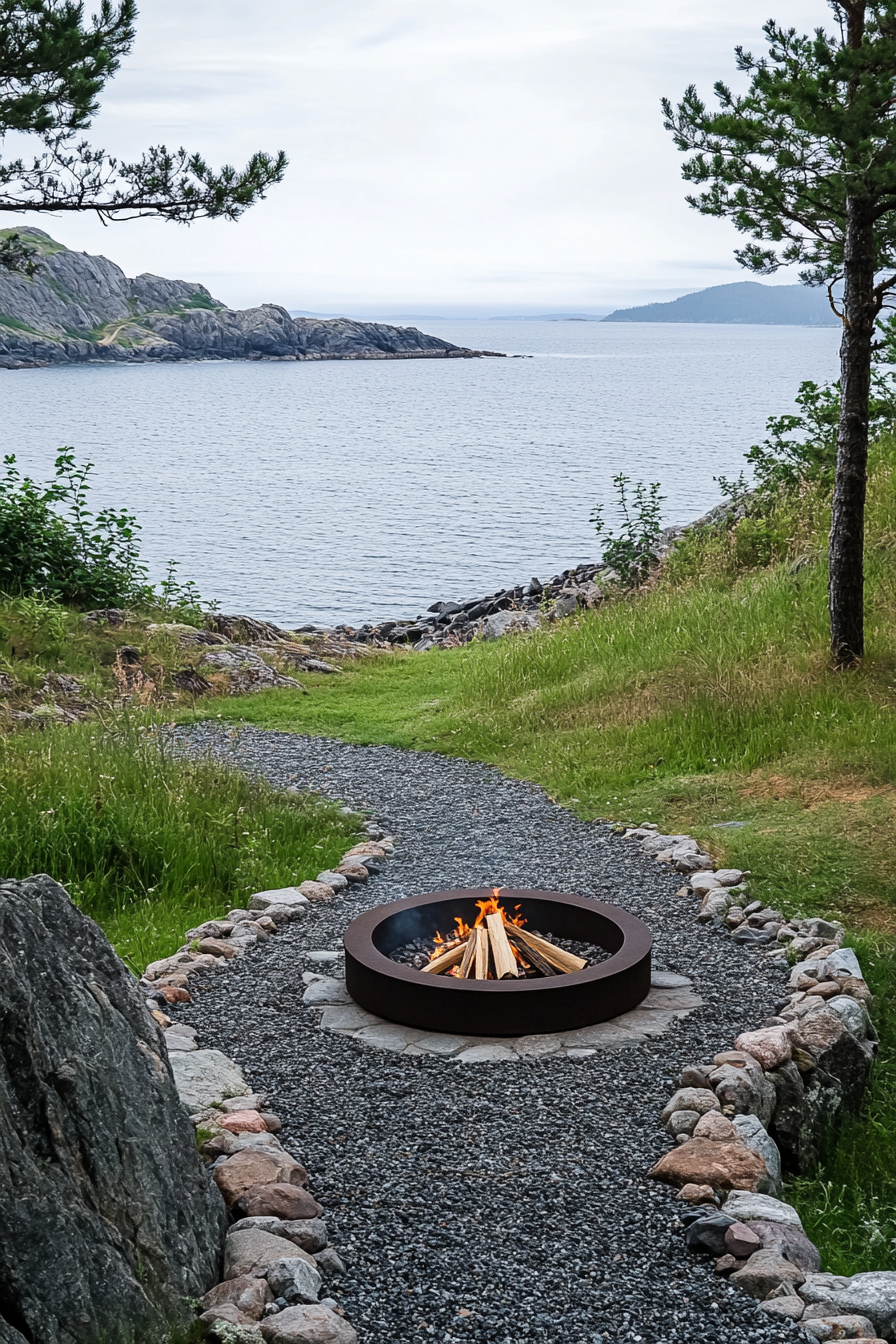 Nordic Coast Space. Gravel pathway to viking-style fire pit overlooking protected inlet.
