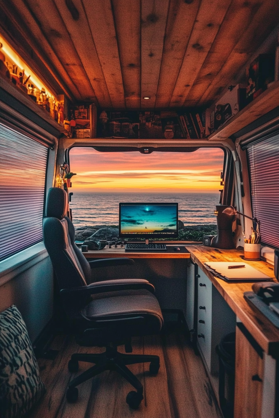 Ocean view van setup. Swivel desk overlooking a panoramic sea, sunset colored blinds.