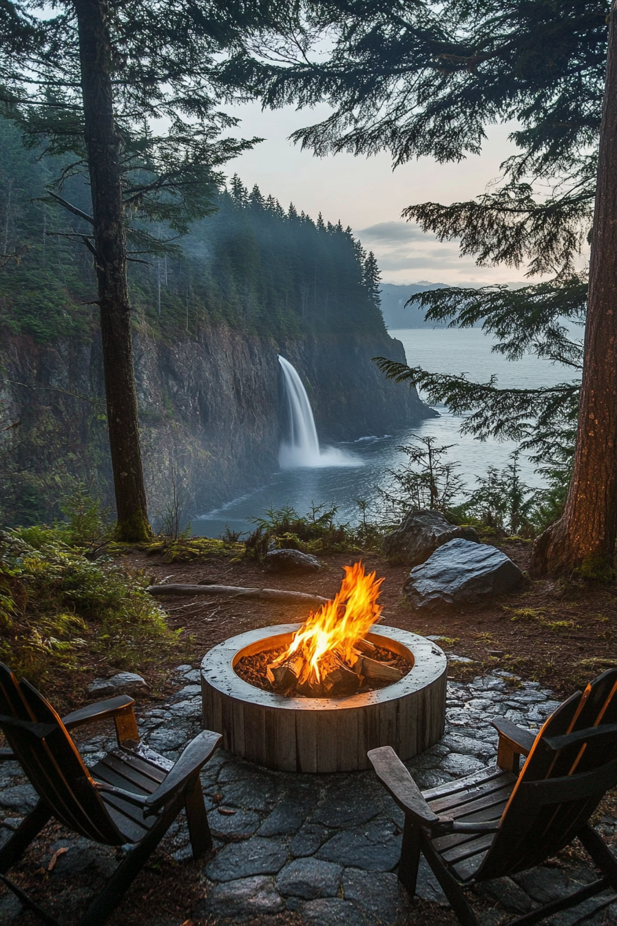 Nordic coast space. Illuminated Viking-style fire pit, misty waterfall vista, protected sunlit inlet view.