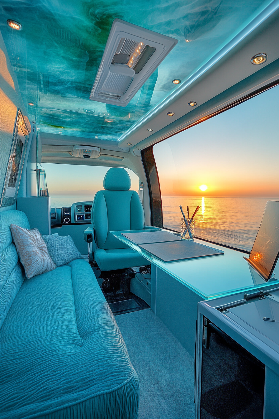 Oceanview van setup. Sky blue upholstered seating, panoramic glass-top desk, sunset decorative screens.