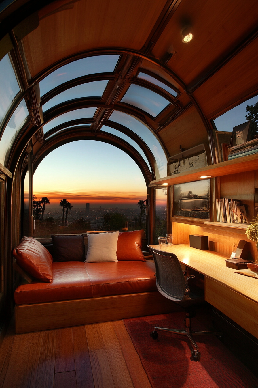 Mobile Living Space. Leather-bound modular sofa, bamboo desk, rooftop deck, fading crimson sunset.