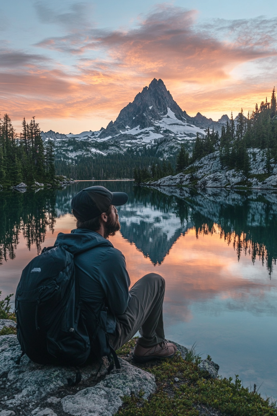 Alpine Lake Campsite. Cotton candy sunset reflected in glassy lake surface.