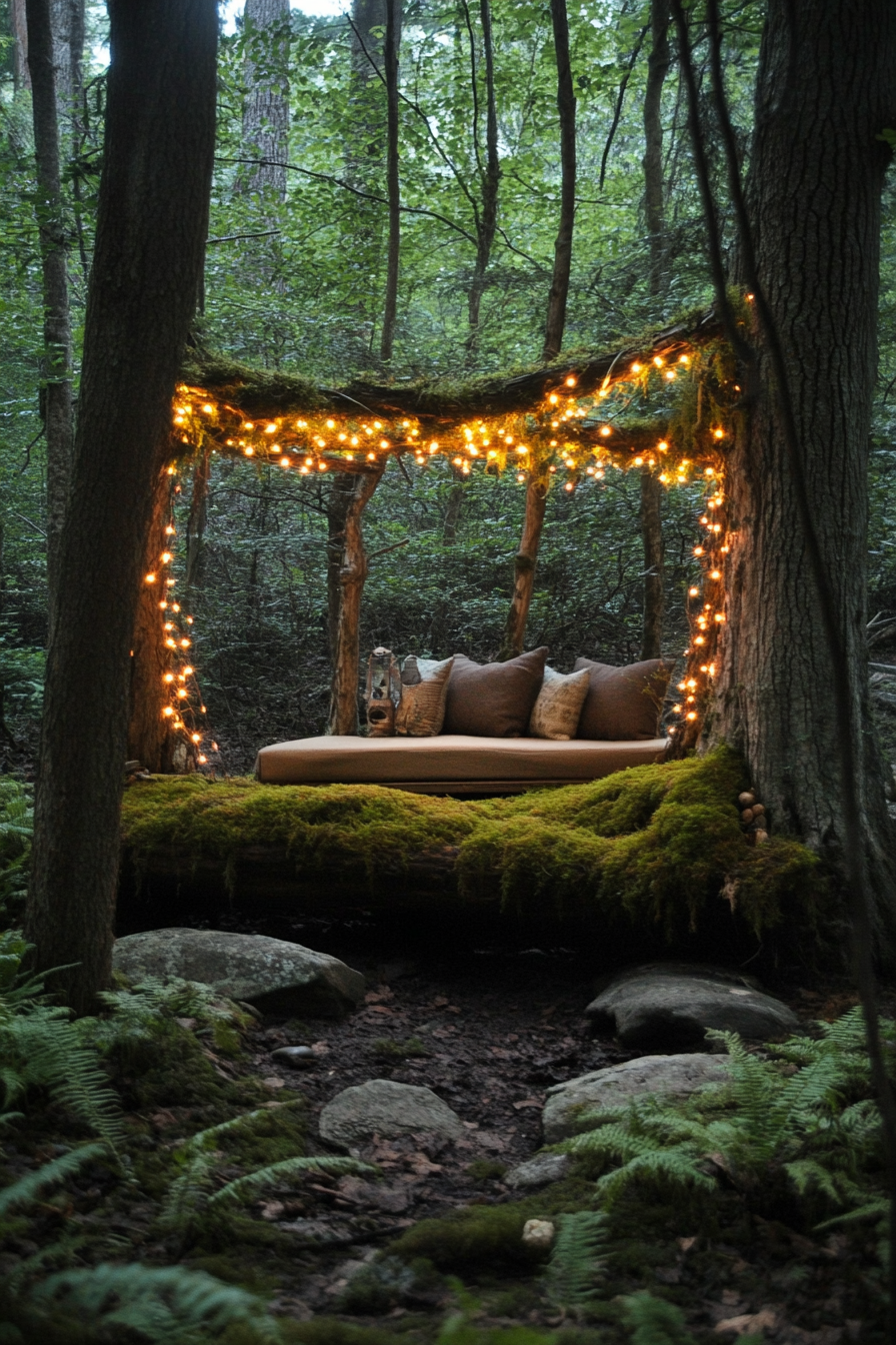 Woodland camping space. Fairy-light canopy over a moss-covered log seating by fern gardens.