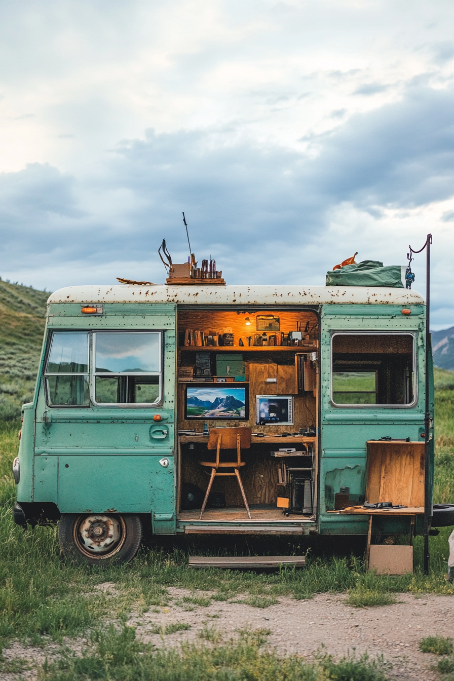 Mobile space. Elderly school bus converted into a driving photography studio with outdoor editing station.