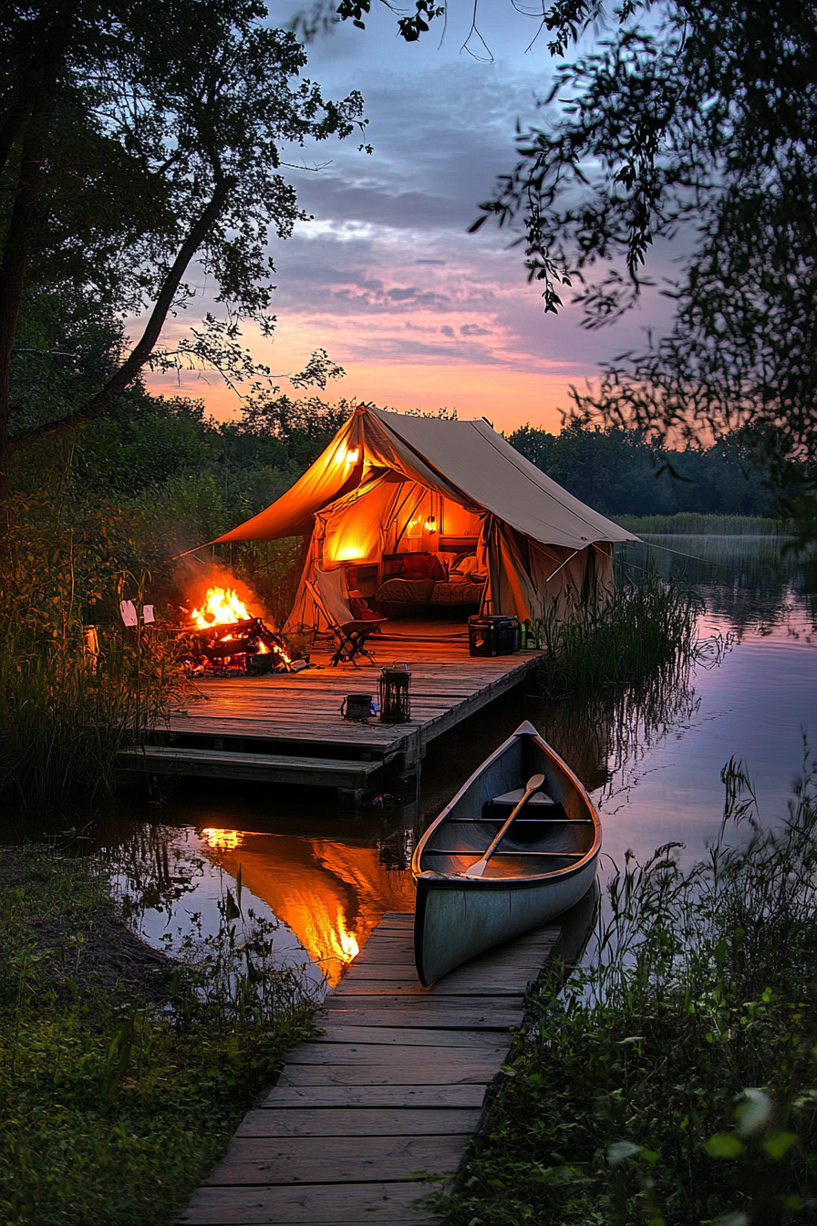 Tent site. Private dock with tied canoe, glowing sunset fire by nearby water.