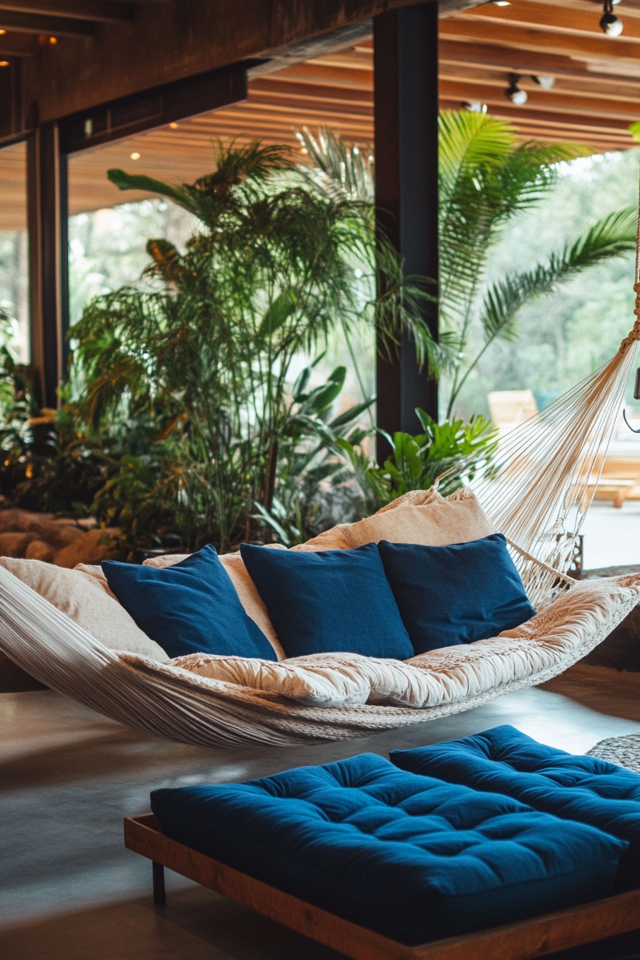 Community living space. Cozy hammock lounge with pacific blue cushions.