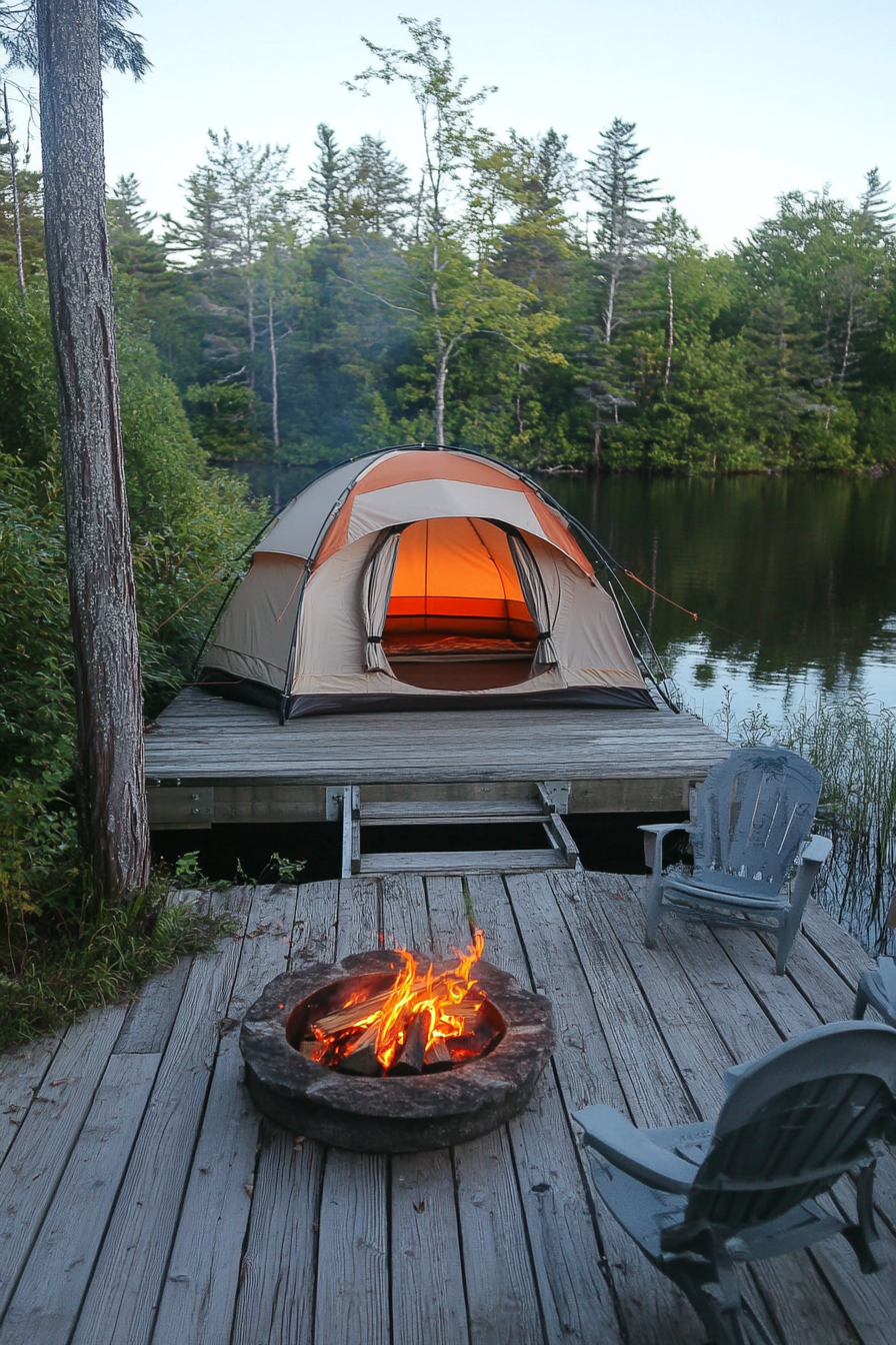 Tent site. Private dock with sunset fire, water views.