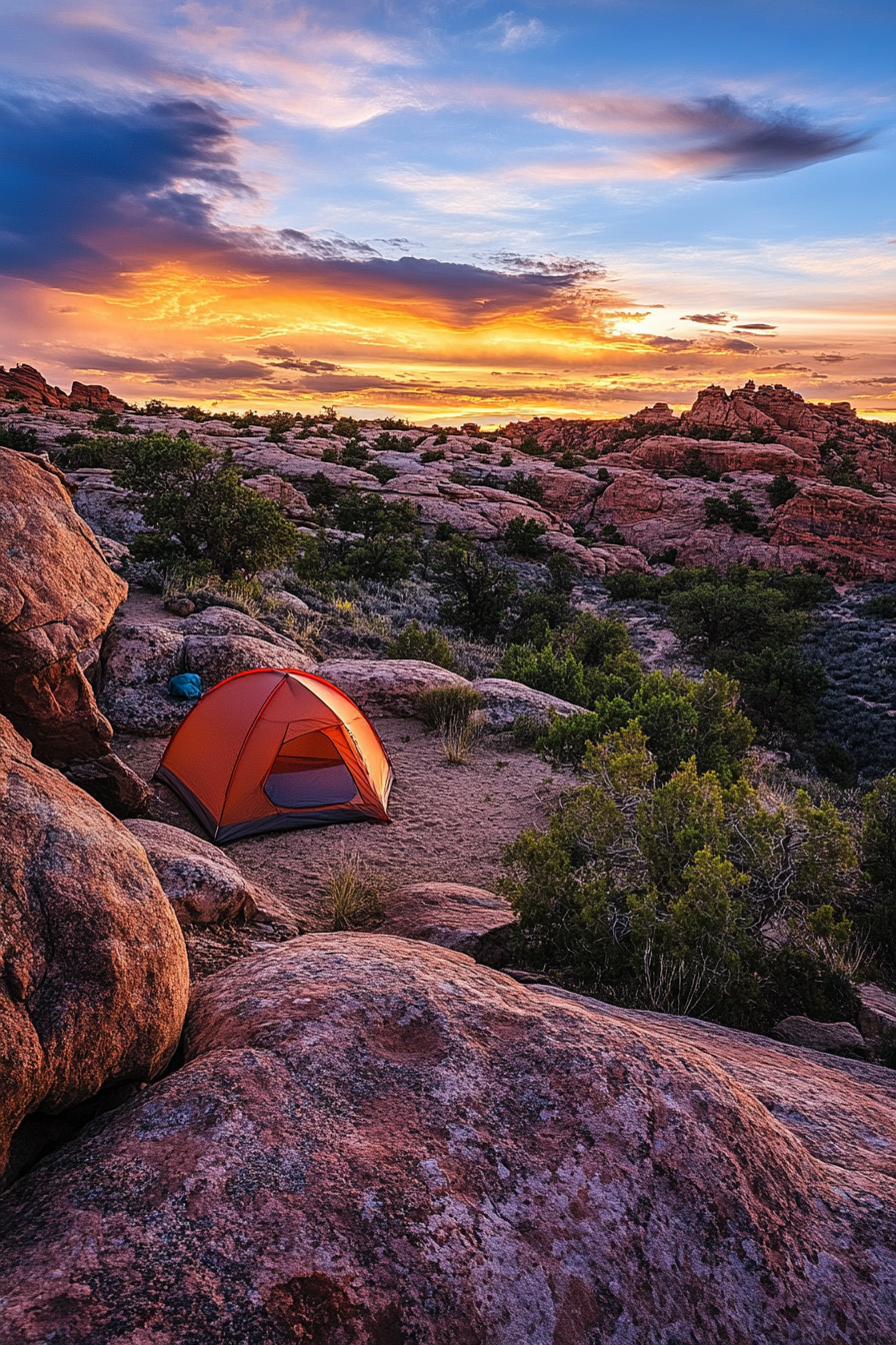 Red rock campsite. Elevated fire zone near sandy terrain with sunset hues on boulders.