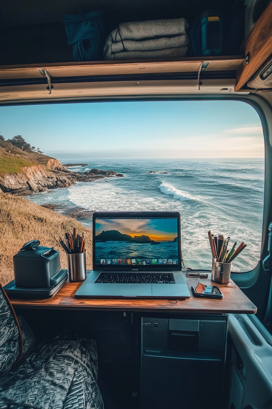 Oceanview van setup. Rust-free desk overlooking horizon, with waterproof gadget locker, sunrise illustrated panels.