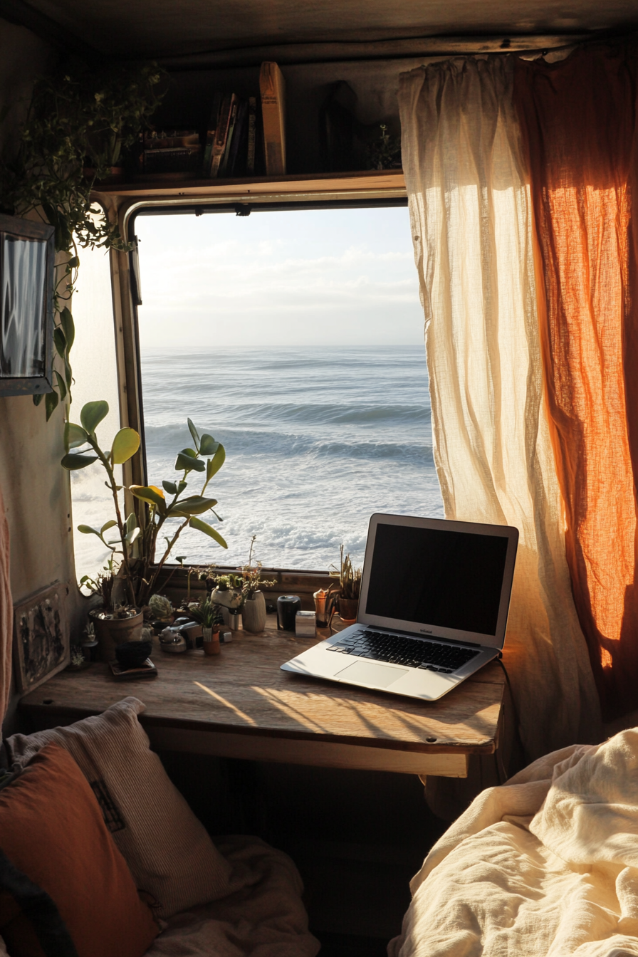 Oceanview van setup. Neutral colors, panoramic desk, sunwashed laptop case, pigment sunkissed curtains.