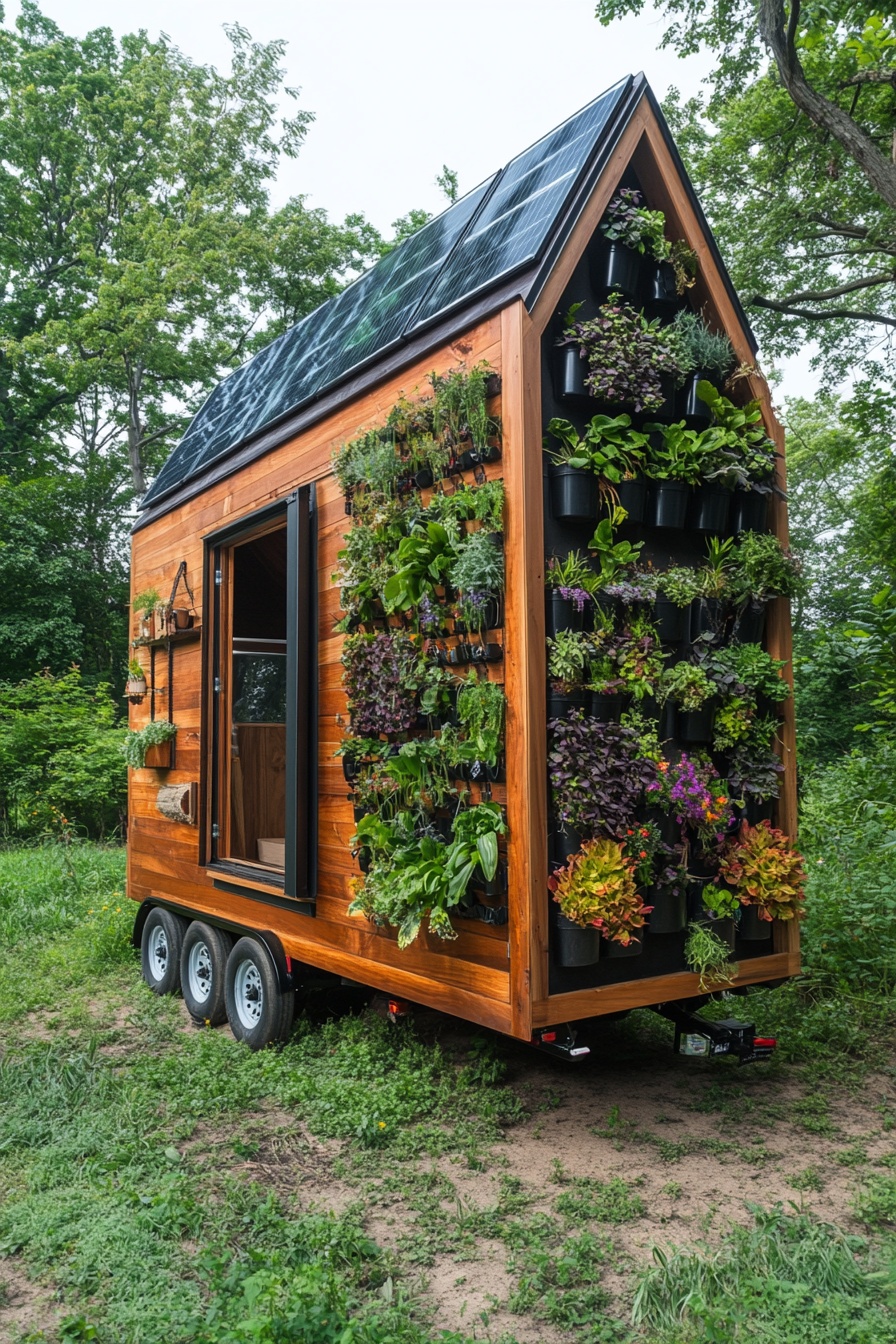 Sustainable living space. Tiny house with rooftop solar panels, composting toilet, and vertical plant wall.