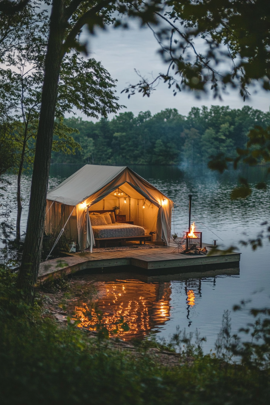 Tent site. Private dock with canopy speckled in evening sunset and fire pit beside.